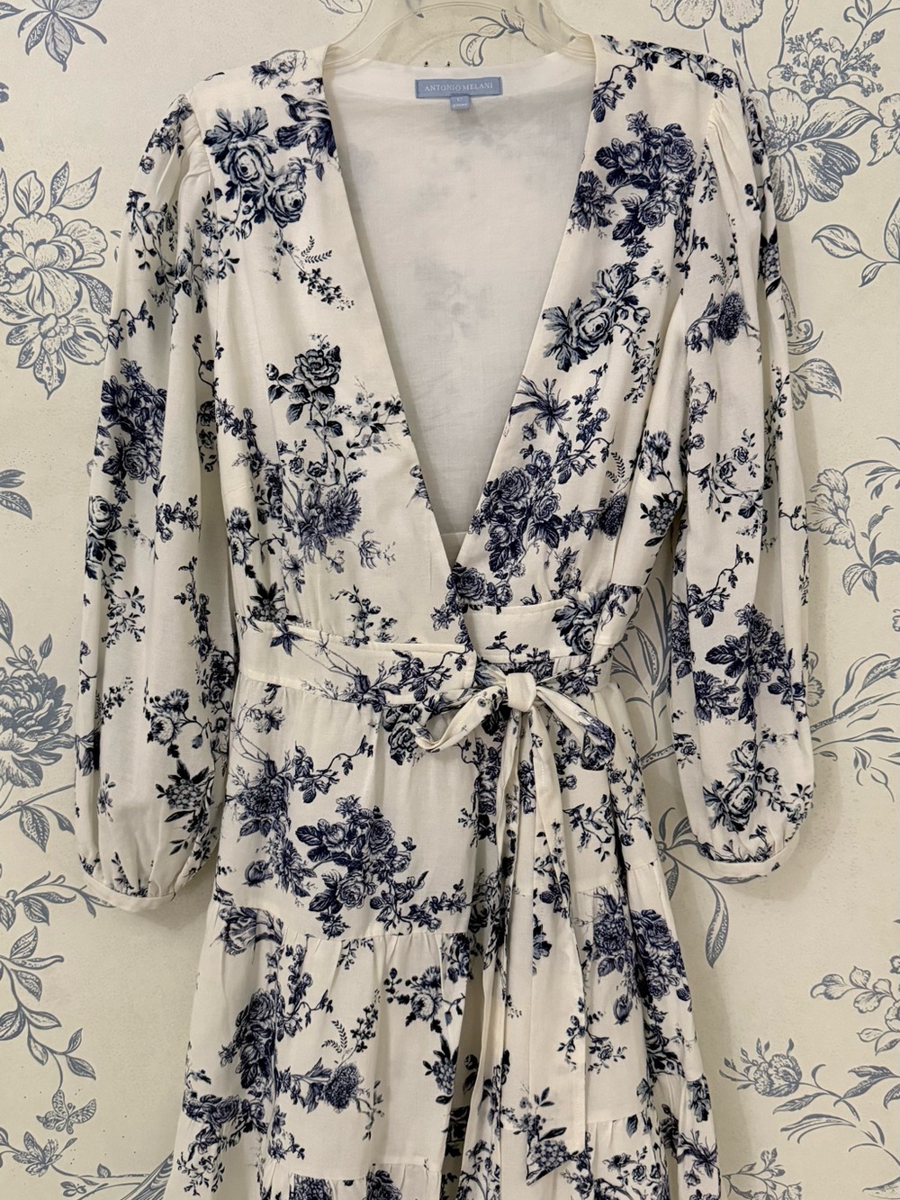 ANTONIO MELANI Cream and Navy Floral Wrap Dress